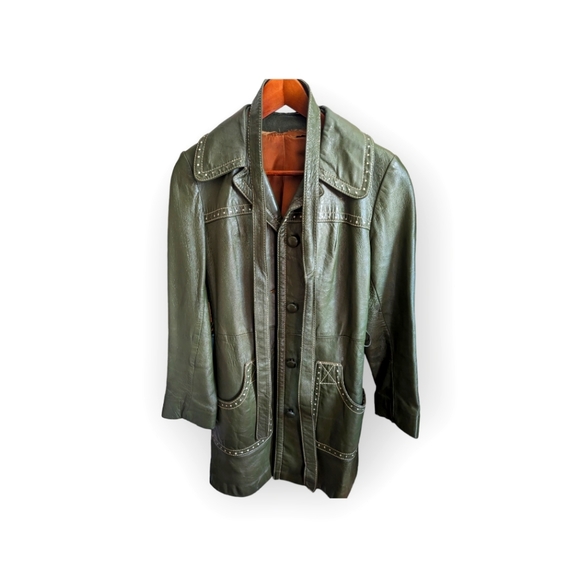 Vintage boho 70s green leather trench coat Daisy Jones M 6 8 - Picture 1 of 5
